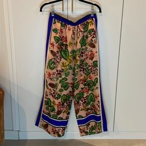 100% Silk Trousers, floral pattern with tuxedo stripe details.